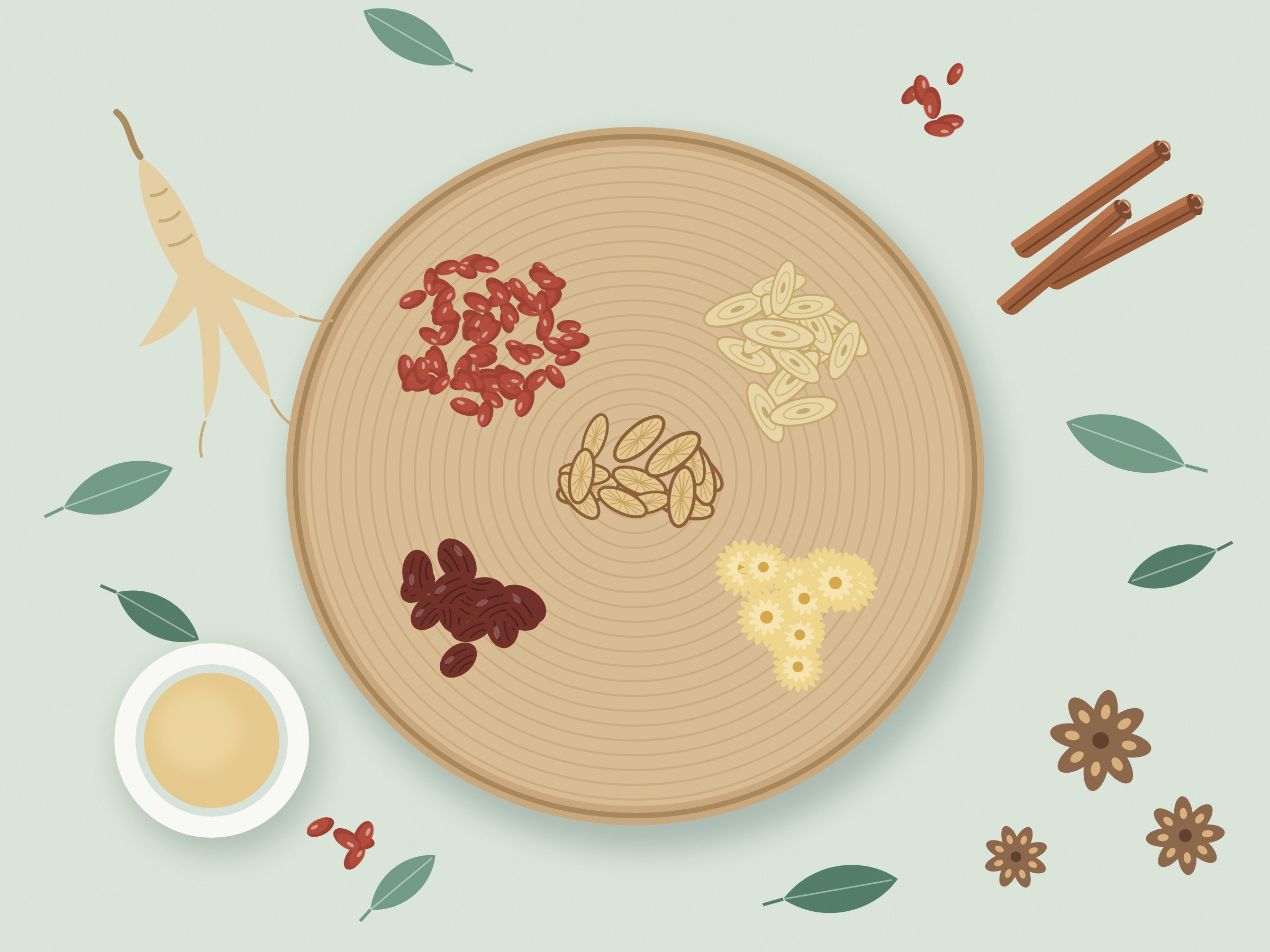 Chinese herbs arranged on a wooden tray